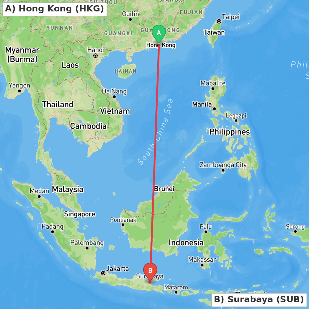 Flight route map from Hong Kong to Surabaya