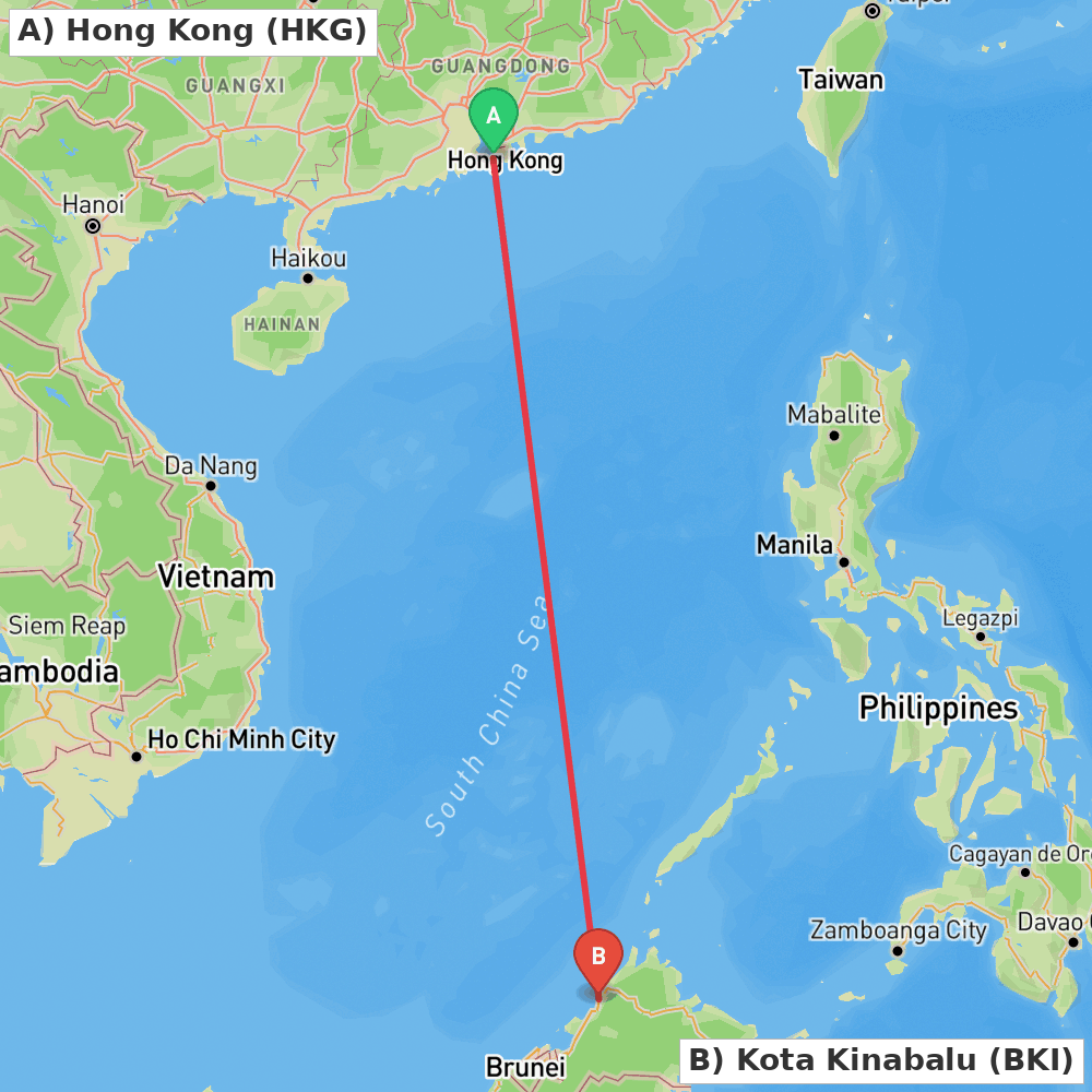 Flight route map from Hong Kong to Kota Kinabalu
