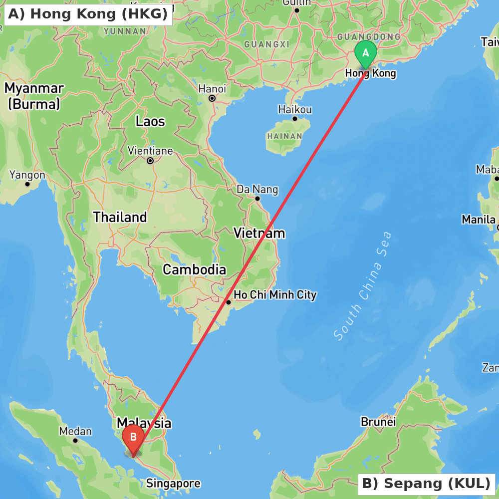 Flight route map from Hong Kong to Sepang