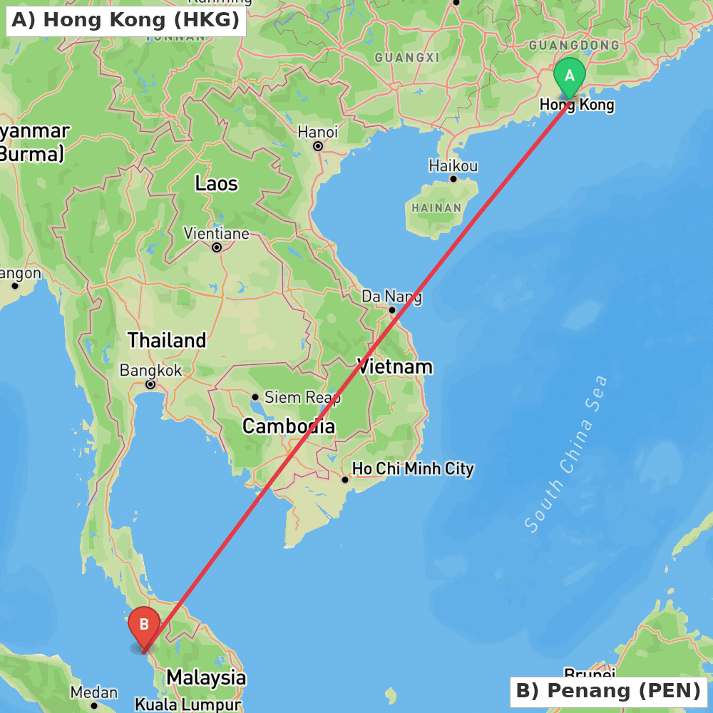 Flight route map from Hong Kong to Penang