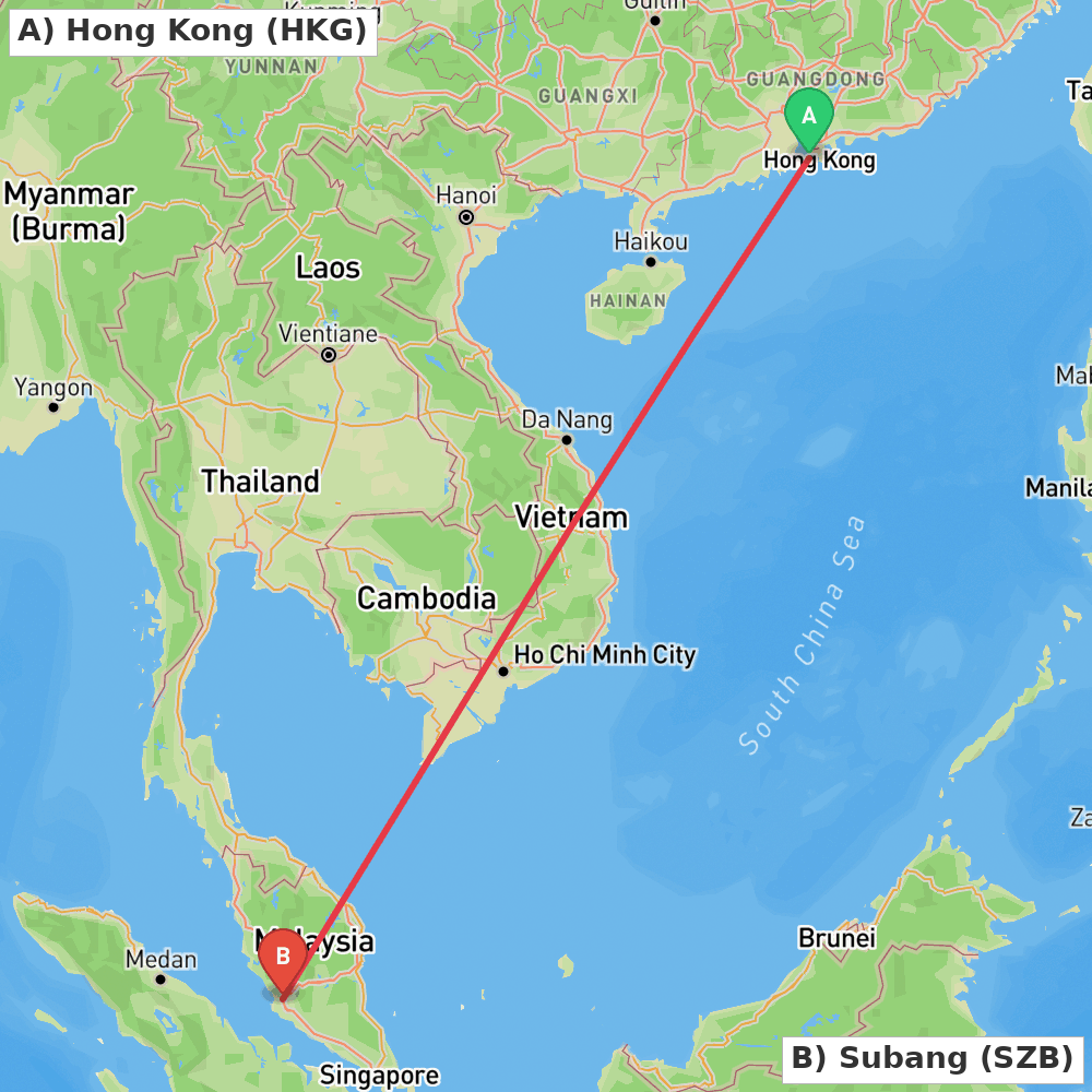 Flight route map from Hong Kong to Subang