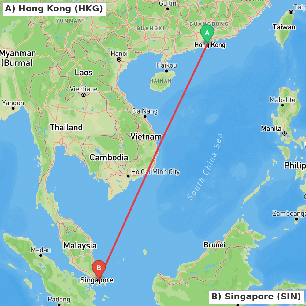 Flight route map from Hong Kong to Singapore