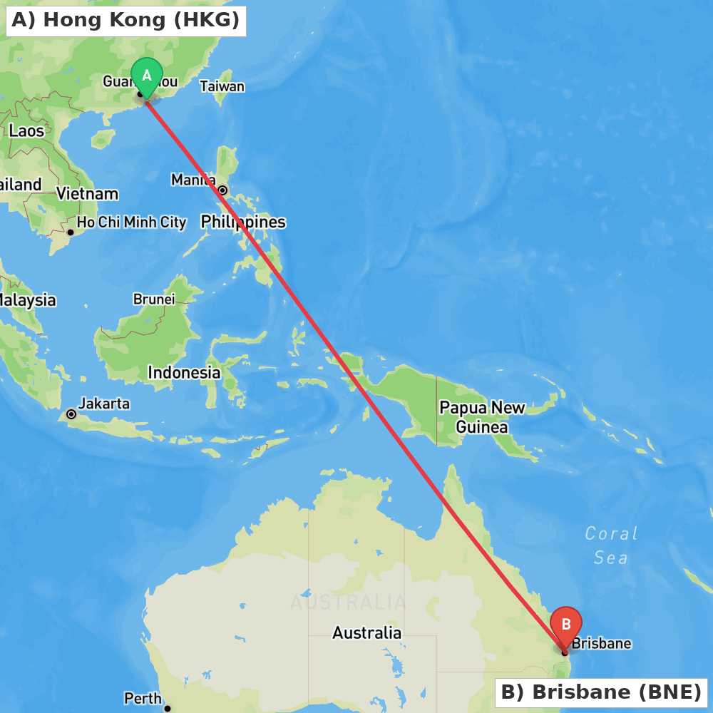 Flight route map from Hong Kong to Brisbane