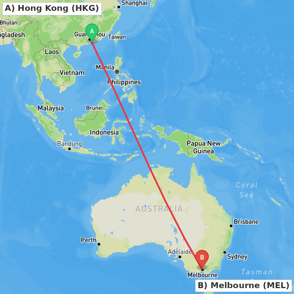 Flight route map from Hong Kong to Melbourne