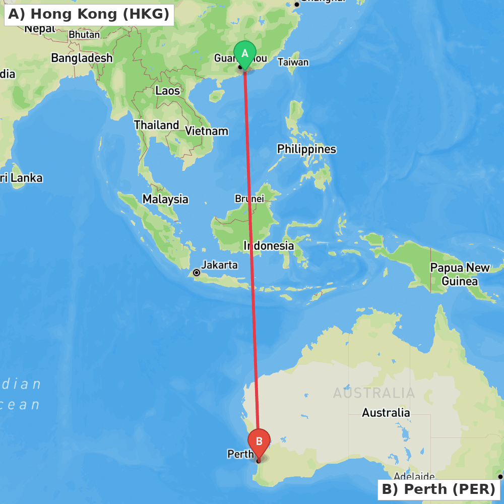 Flight route map from Hong Kong to Perth