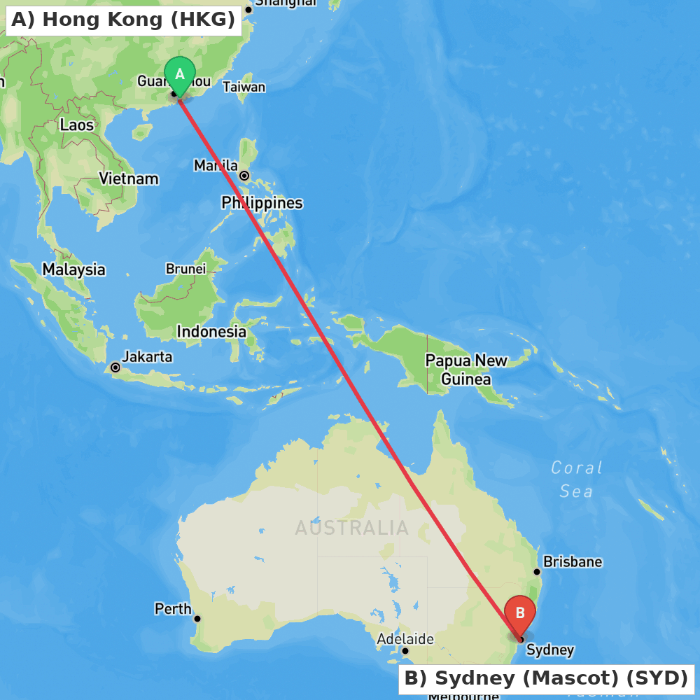 Flight route map from Hong Kong to Sydney (Mascot)