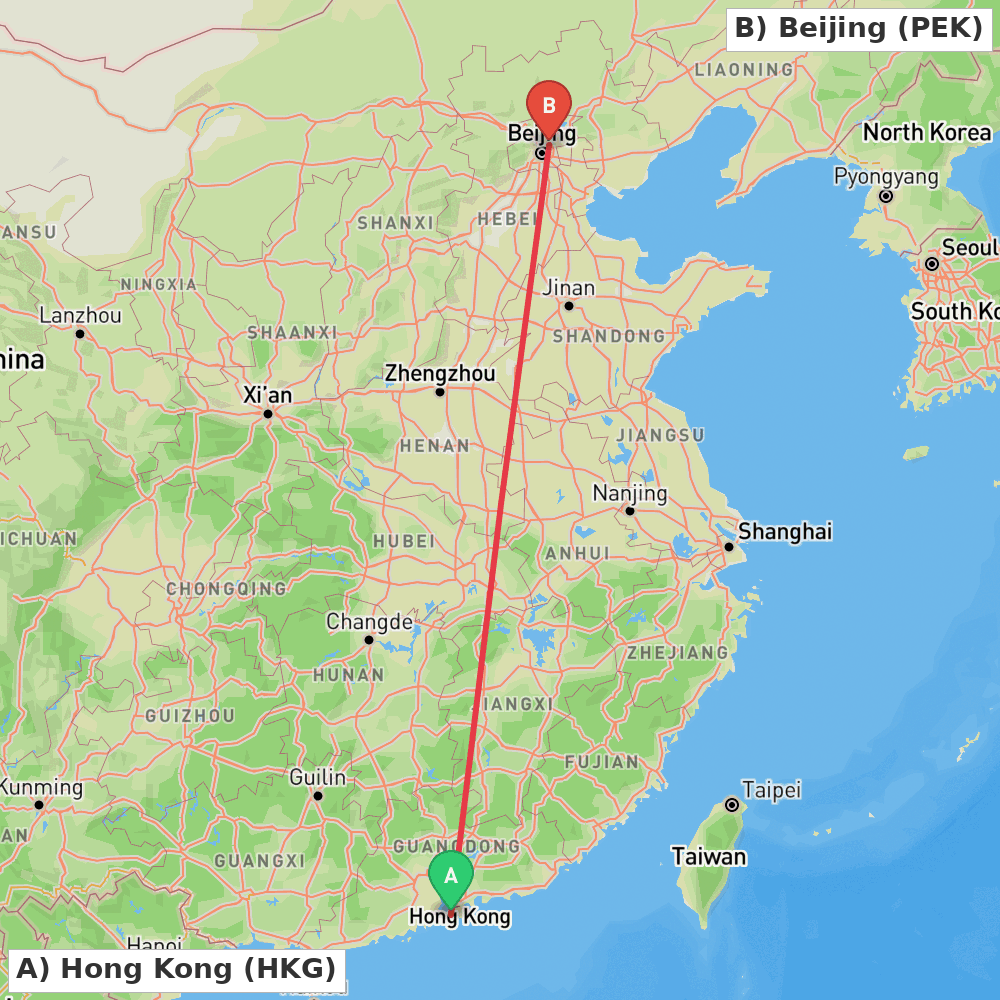 Flight route map from Hong Kong to Beijing