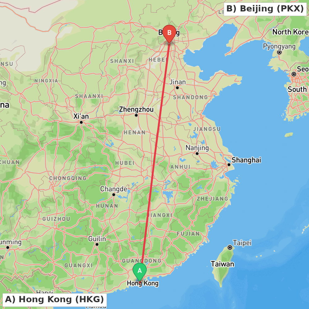 Flight route map from Hong Kong to Beijing
