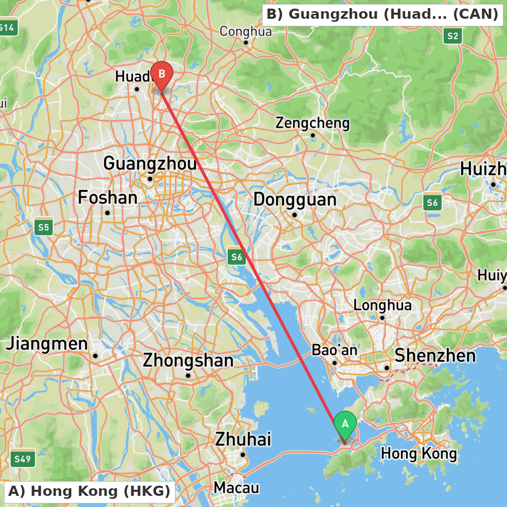 Flight route map from Hong Kong to Guangzhou (Huadu)