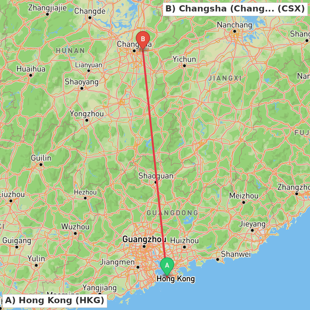 Flight route map from Hong Kong to Changsha (Changsha)
