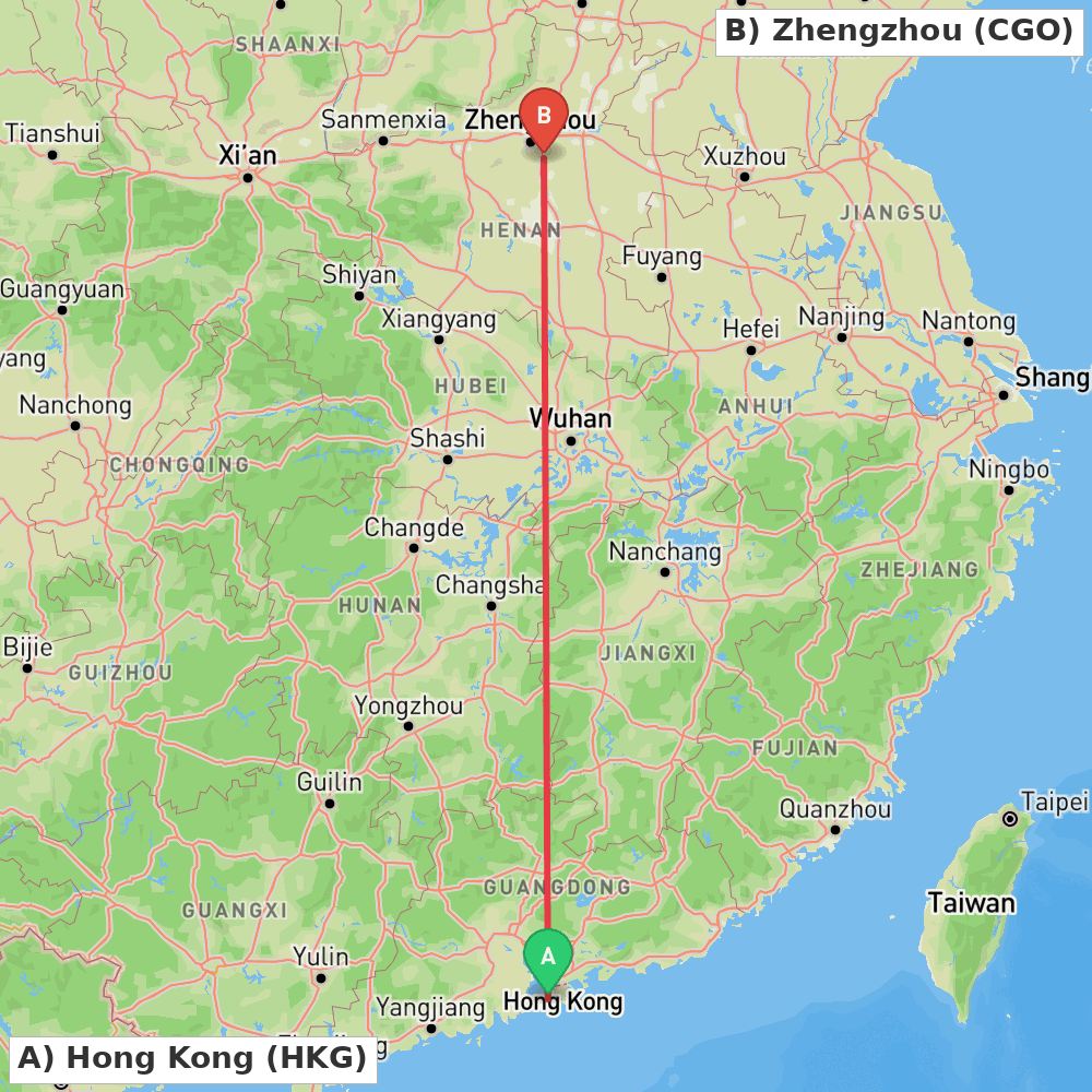 Flight route map from Hong Kong to Zhengzhou