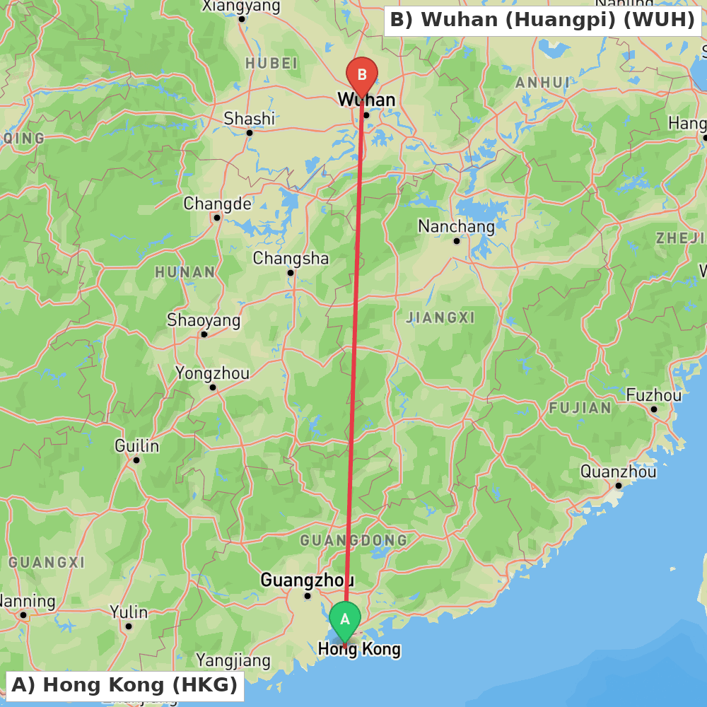 Flight route map from Hong Kong to Wuhan (Huangpi)