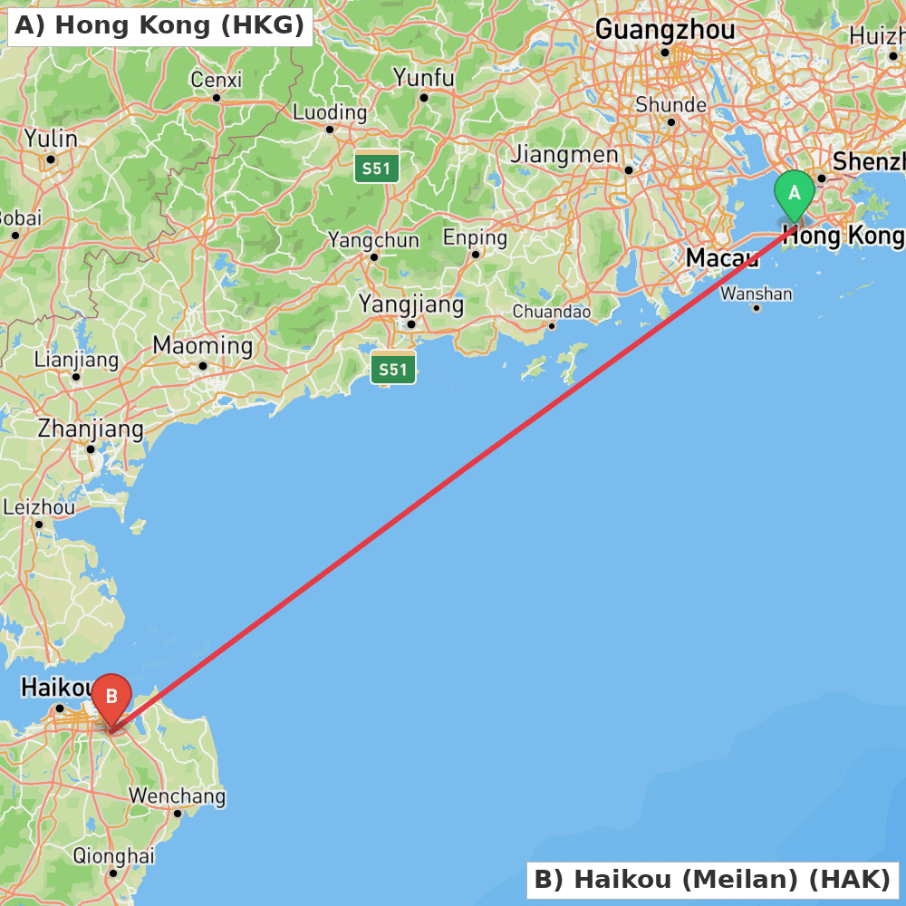 Flight route map from Hong Kong to Haikou (Meilan)