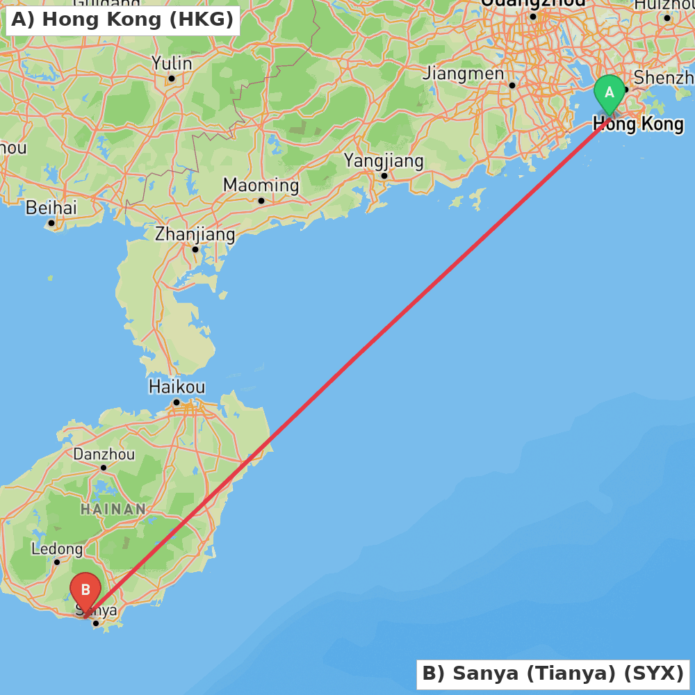 Flight route map from Hong Kong to Sanya (Tianya)