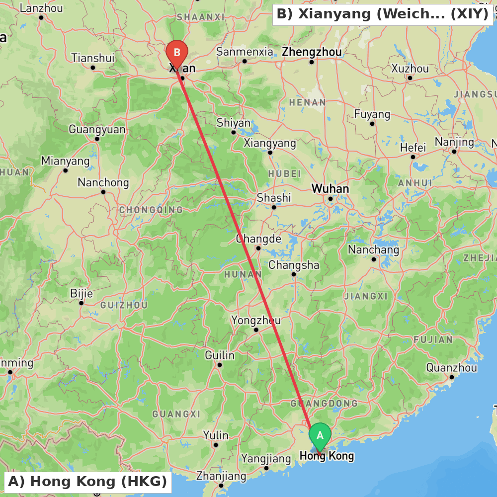 Flight route map from Hong Kong to Xianyang (Weicheng)