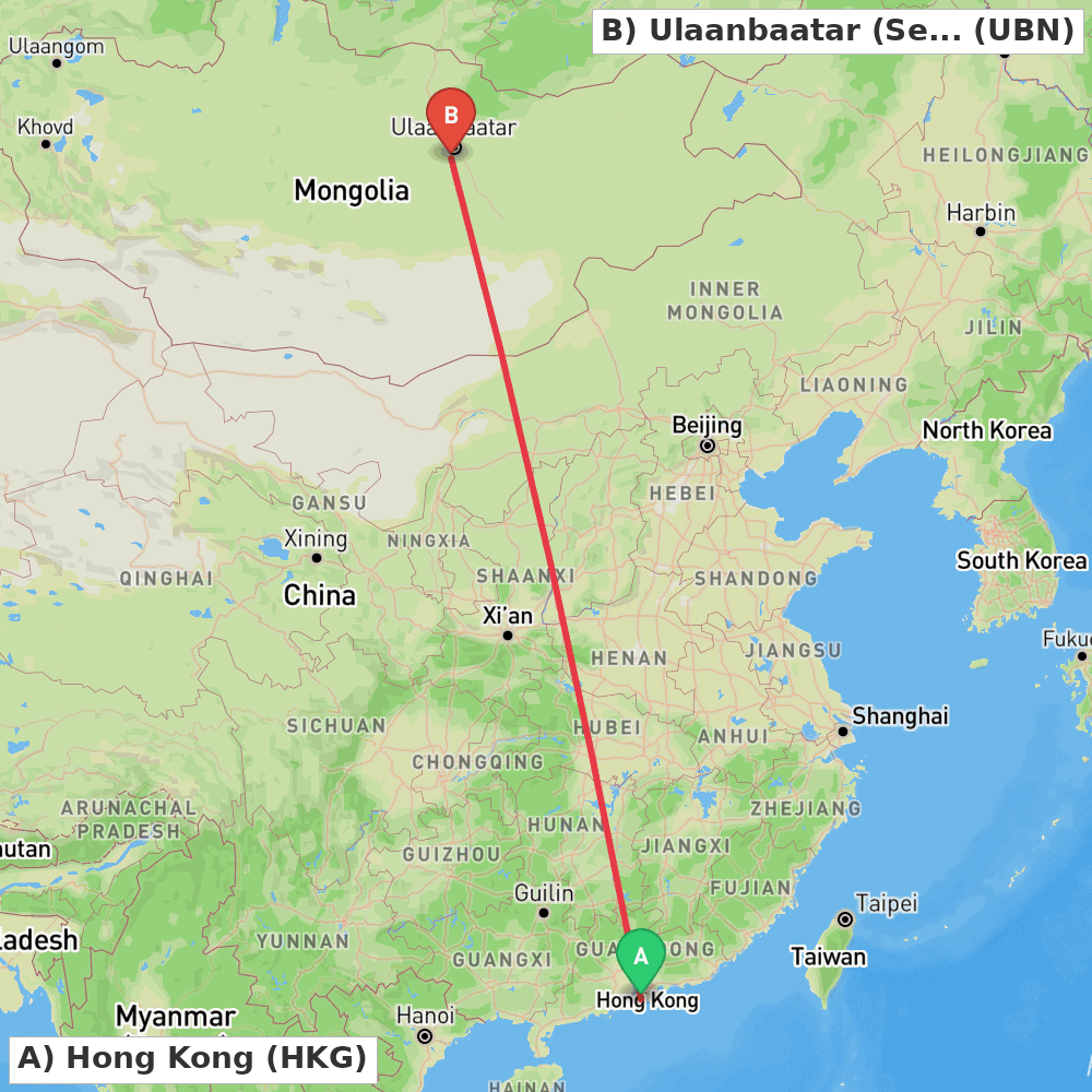 Flight route map from Hong Kong to Ulaanbaatar (Sergelen)