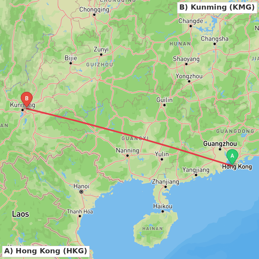 Flight route map from Hong Kong to Kunming