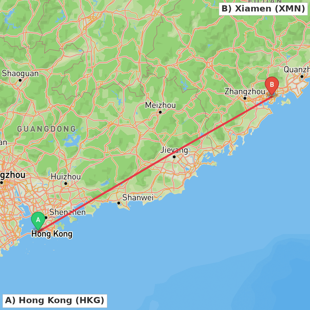 Flight route map from Hong Kong to Xiamen
