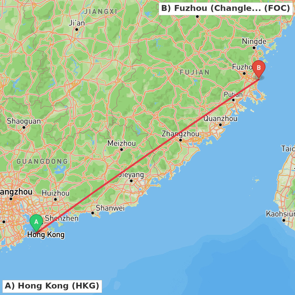 Flight route map from Hong Kong to Fuzhou (Changle)