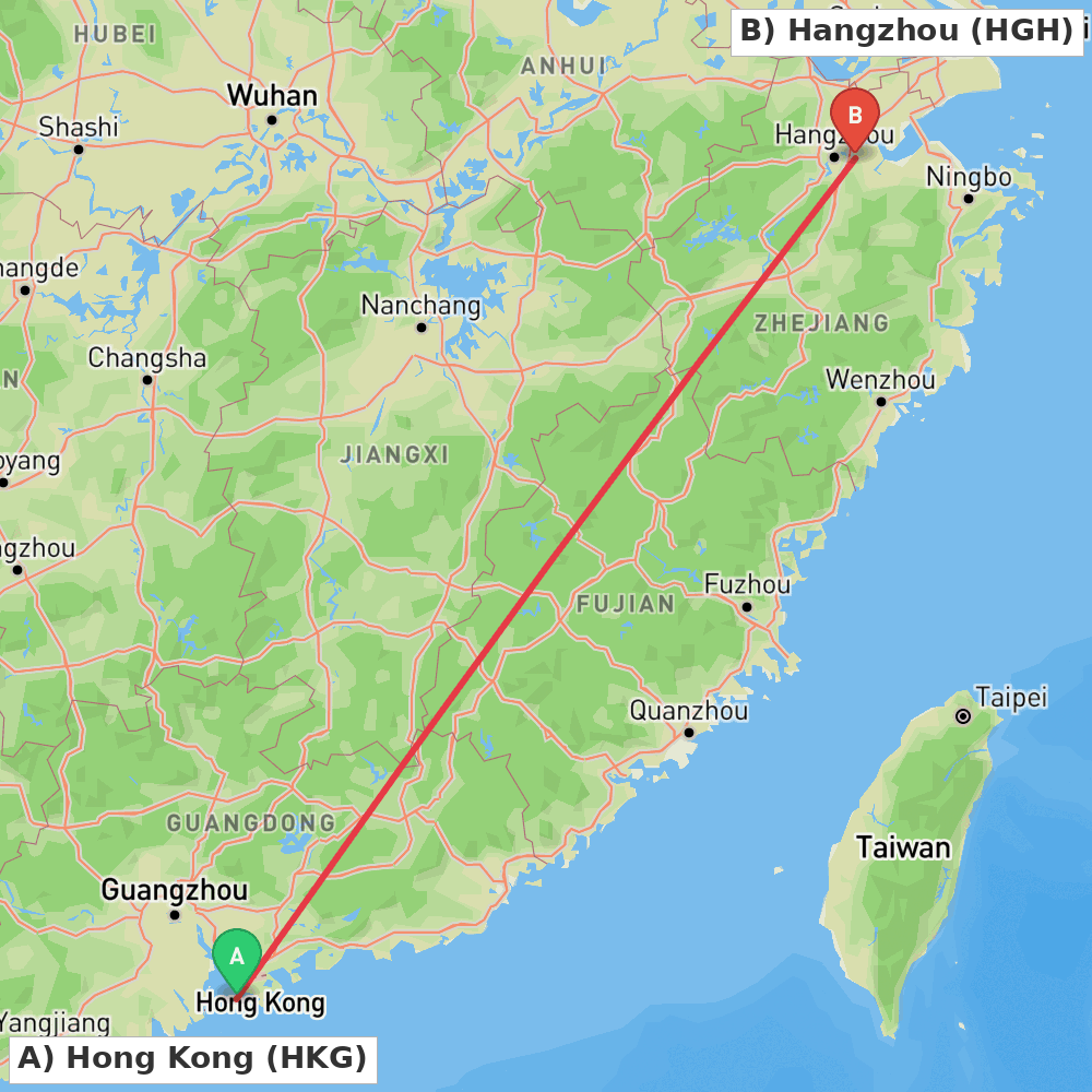 Flight route map from Hong Kong to Hangzhou