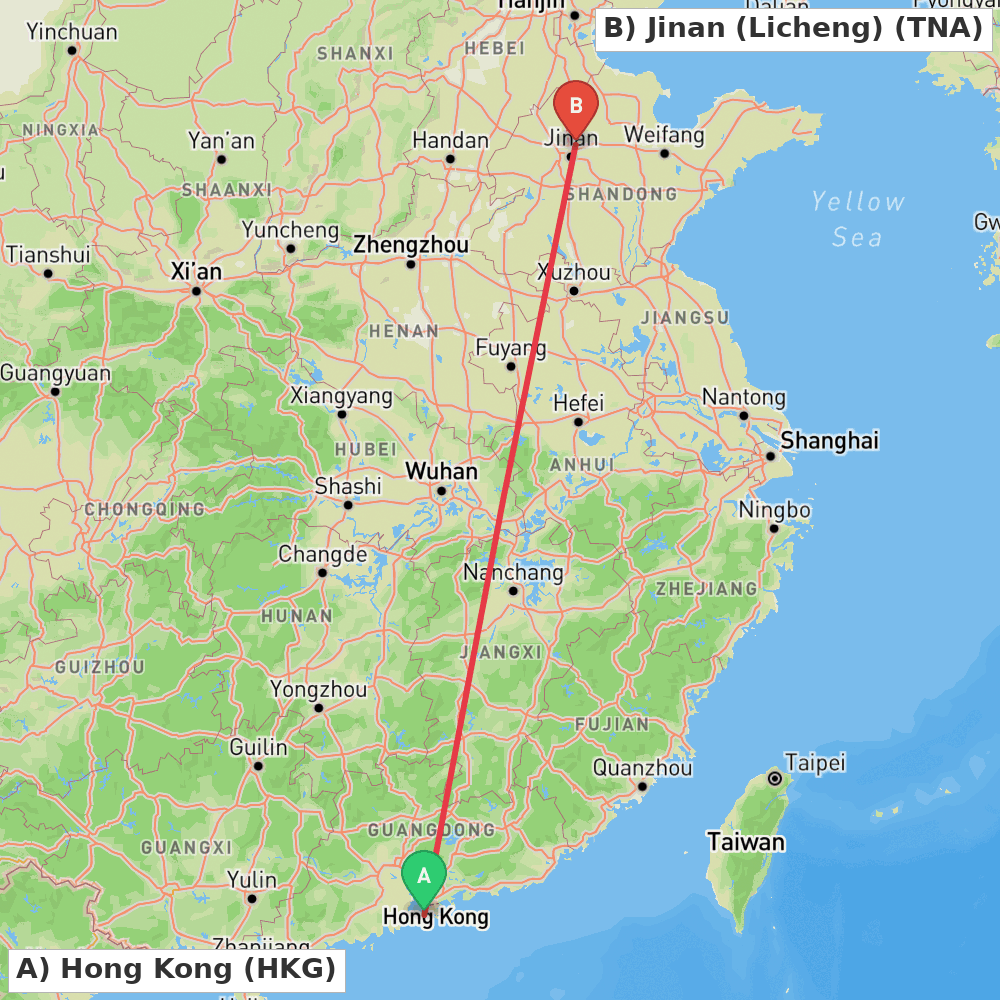 Flight route map from Hong Kong to Jinan (Licheng)