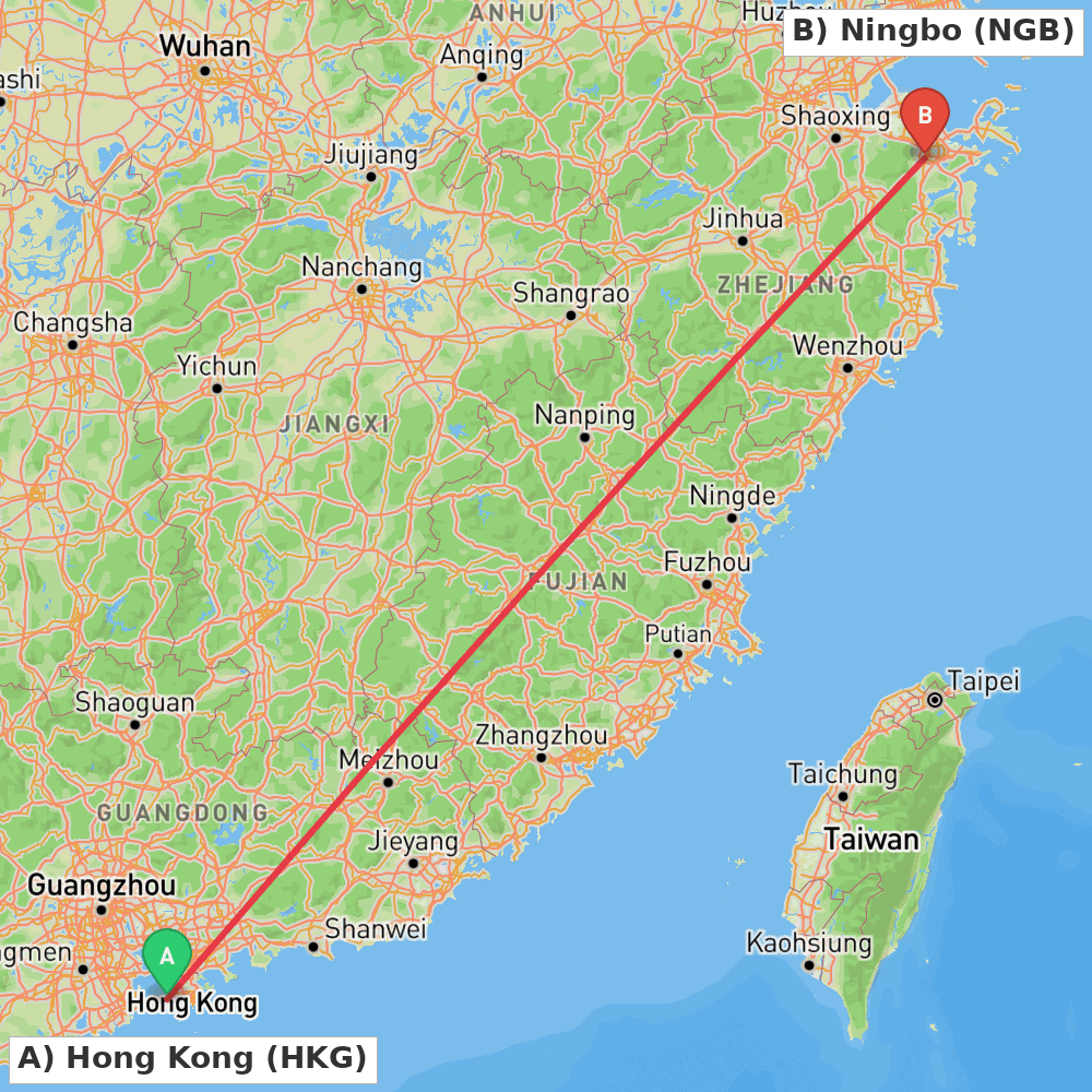 Flight route map from Hong Kong to Ningbo