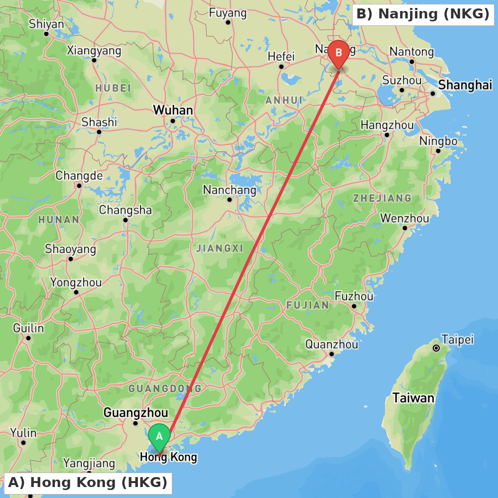 Flight route map from Hong Kong to Nanjing