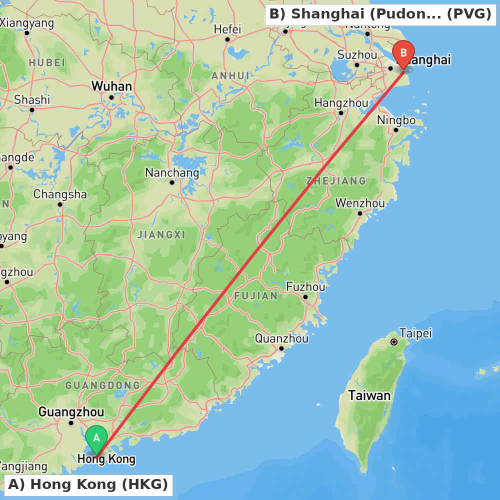 Flight route map from Hong Kong to Shanghai (Pudong)