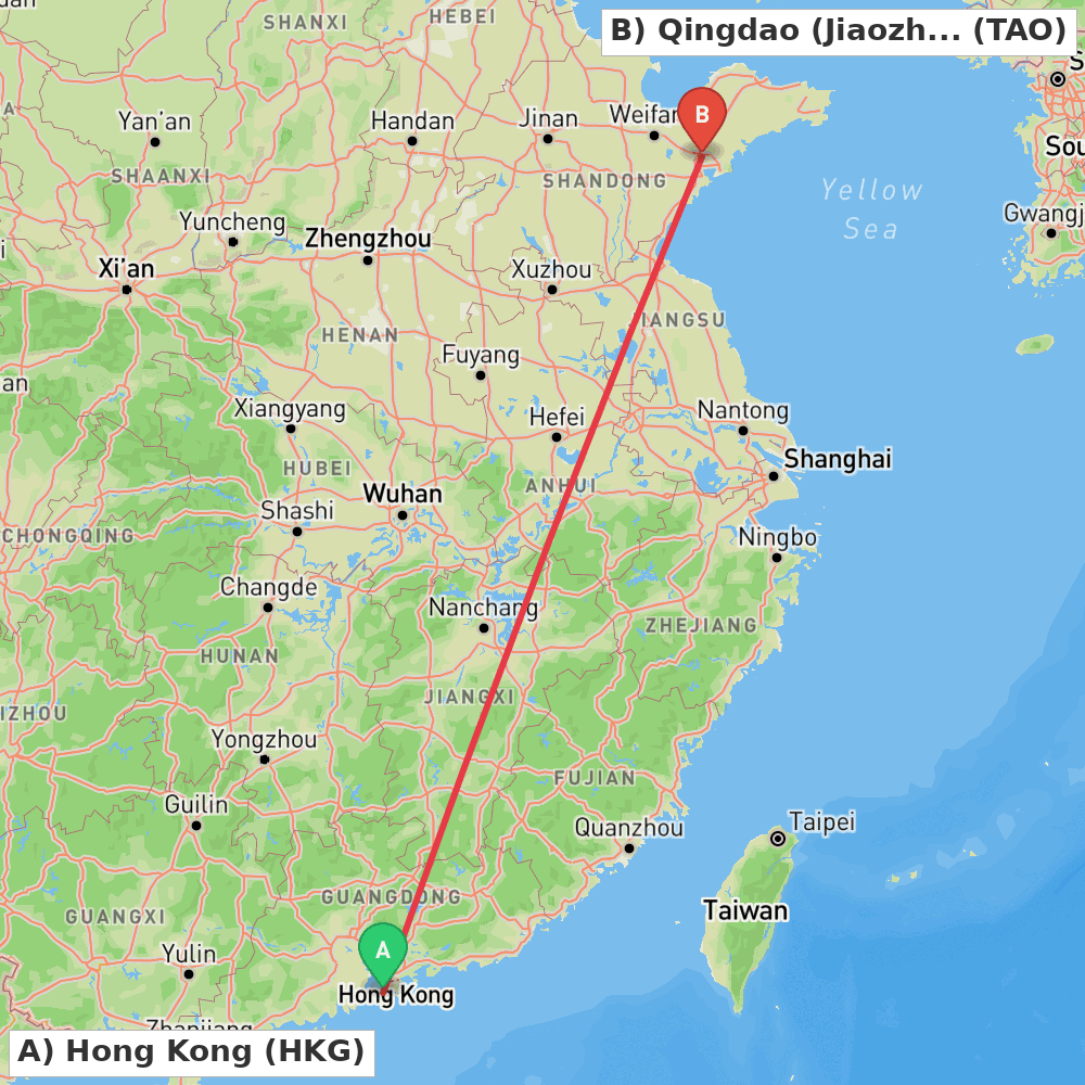 Flight route map from Hong Kong to Qingdao (Jiaozhou)