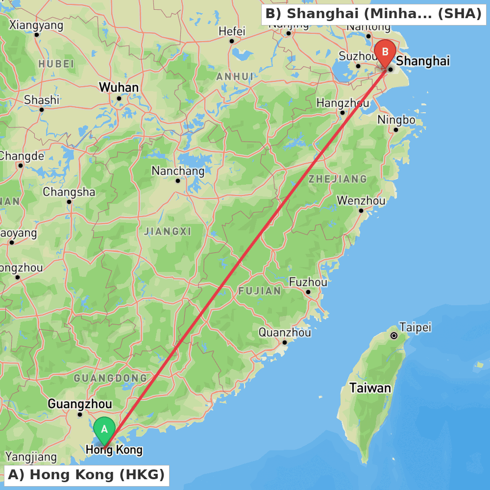 Flight route map from Hong Kong to Shanghai (Minhang)