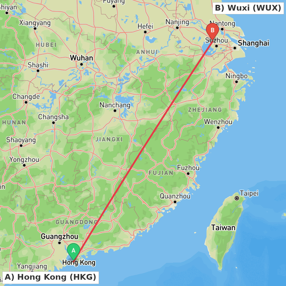 Flight route map from Hong Kong to Wuxi