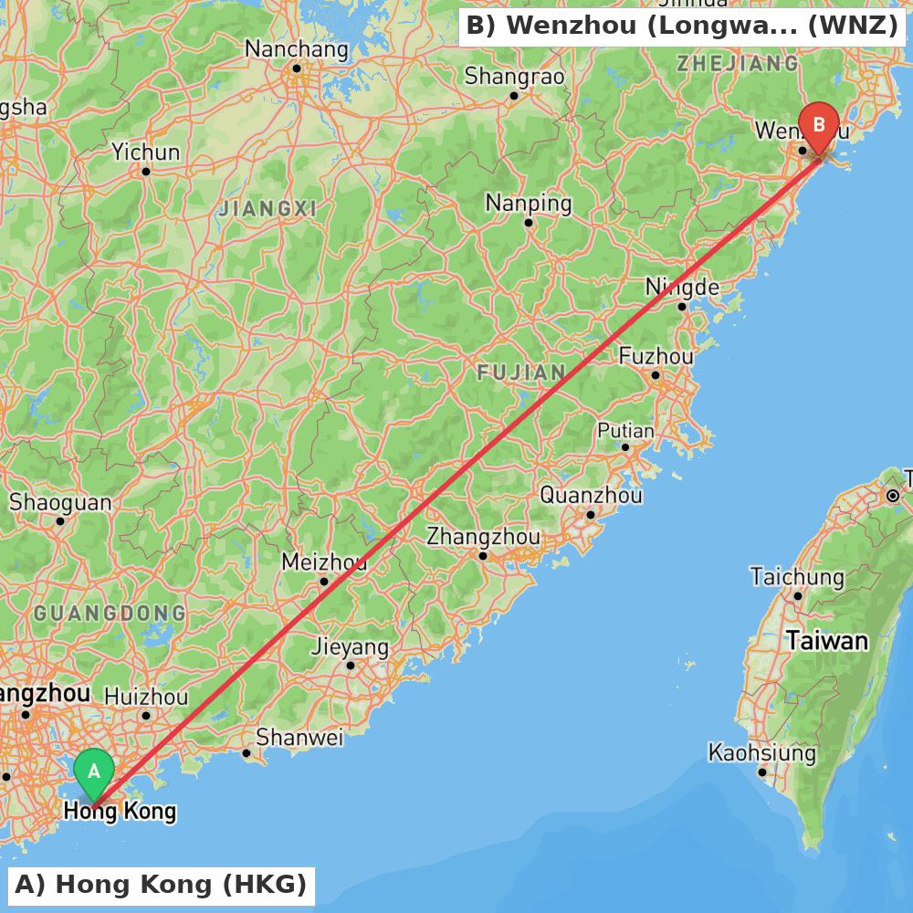 Flight route map from Hong Kong to Wenzhou (Longwan)