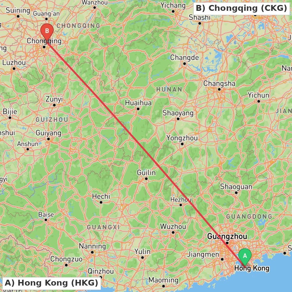 Flight route map from Hong Kong to Chongqing