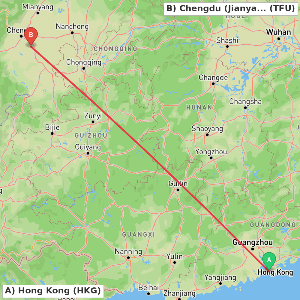 Flight route map from Hong Kong to Chengdu (Jianyang)