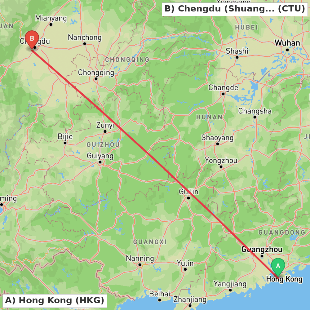 Flight route map from Hong Kong to Chengdu (Shuangliu)