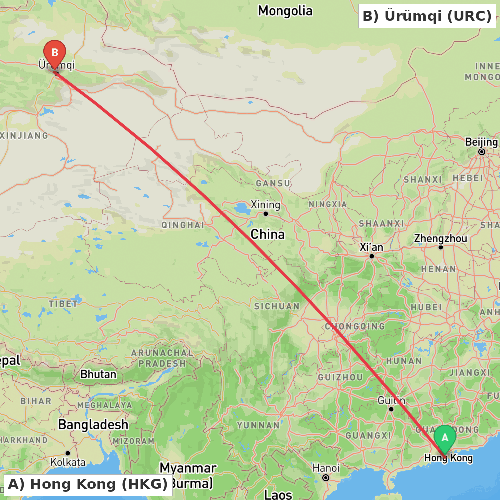 Flight route map from Hong Kong to Ürümqi