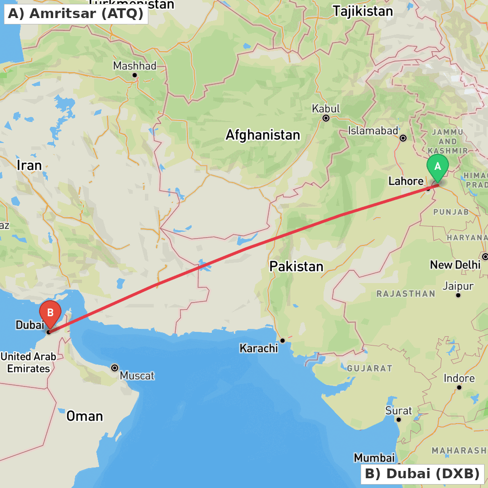 Flight route map from Amritsar to Dubai