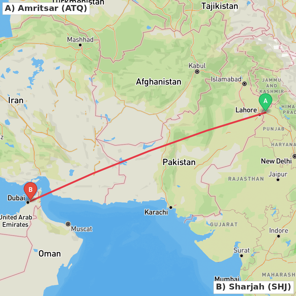 Flight route map from Amritsar to Sharjah