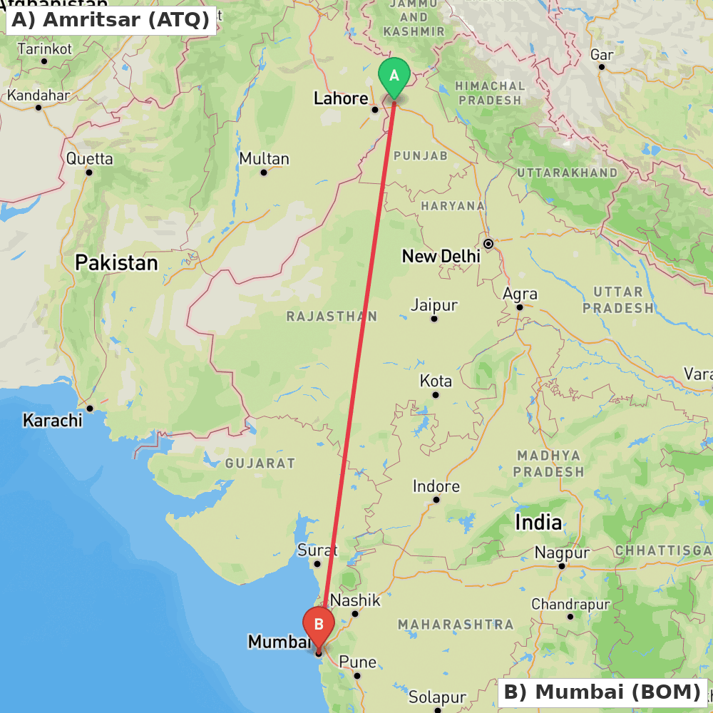 Flight route map from Amritsar to Mumbai