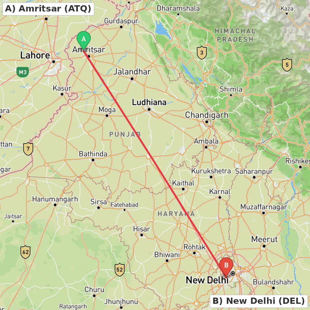 Flight route map from Amritsar to New Delhi