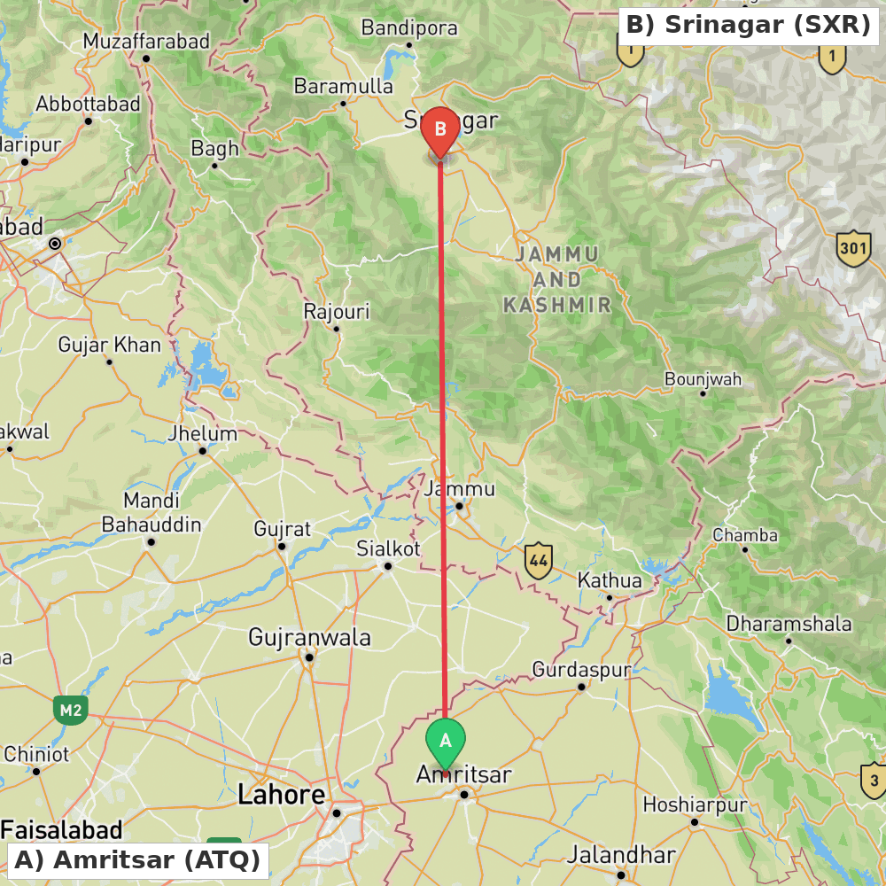 Flight route map from Amritsar to Srinagar