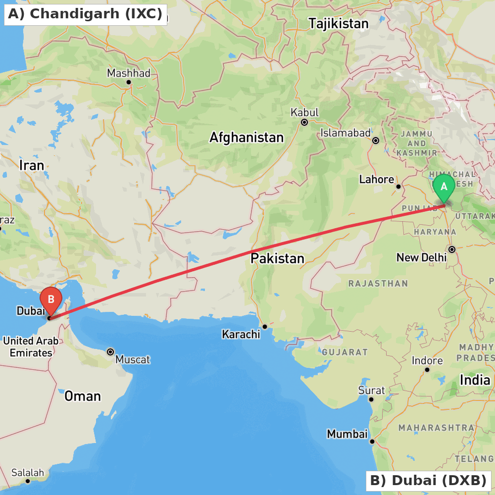 Flight route map from Chandigarh to Dubai