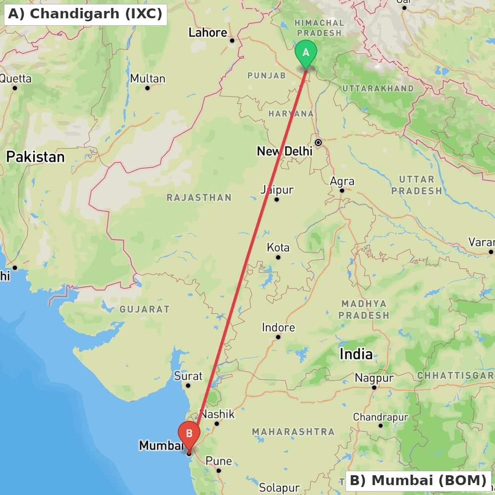 Flight route map from Chandigarh to Mumbai