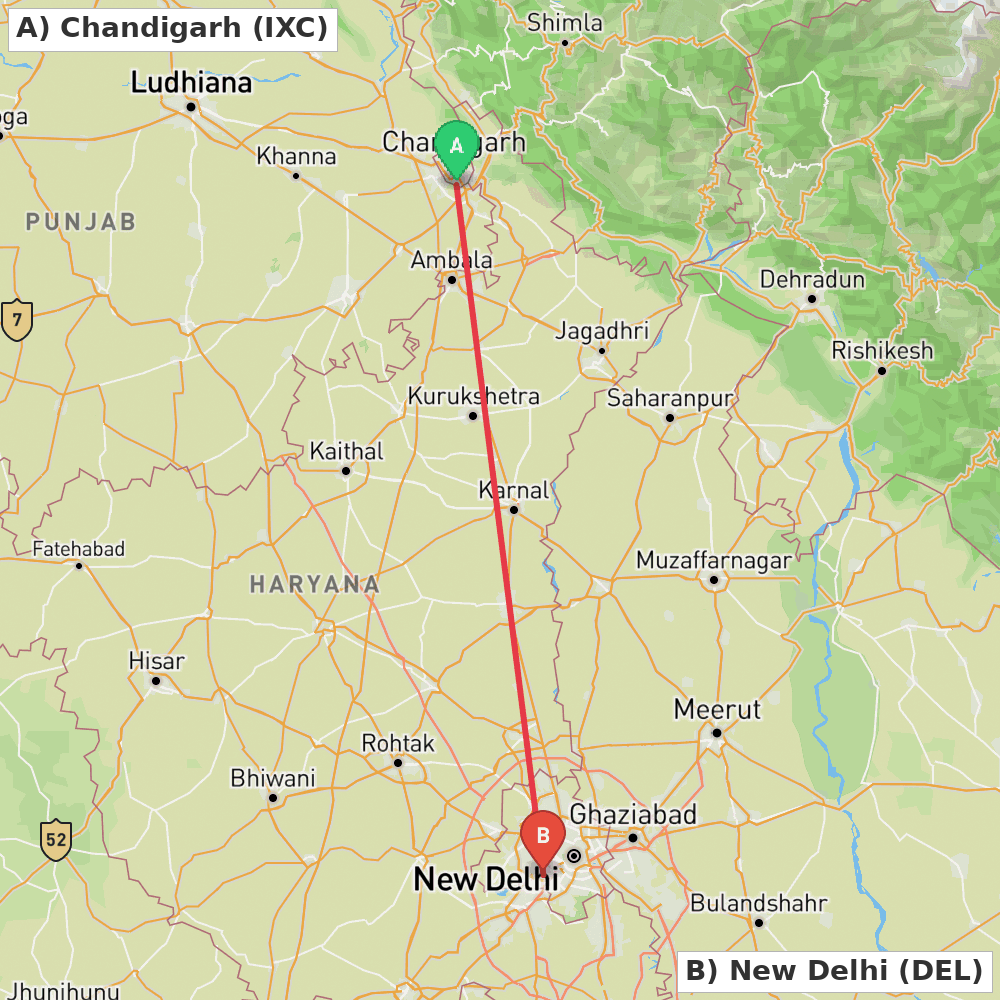 Flight route map from Chandigarh to New Delhi