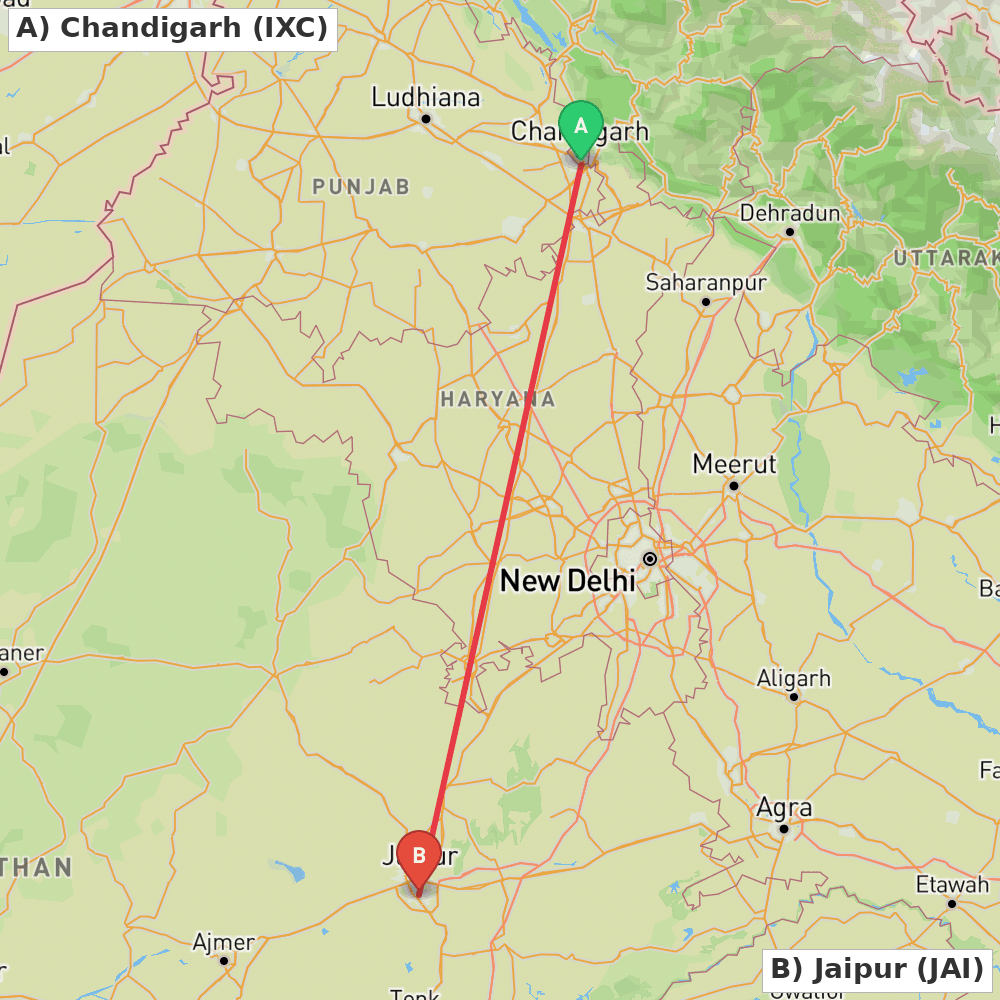Flight route map from Chandigarh to Jaipur