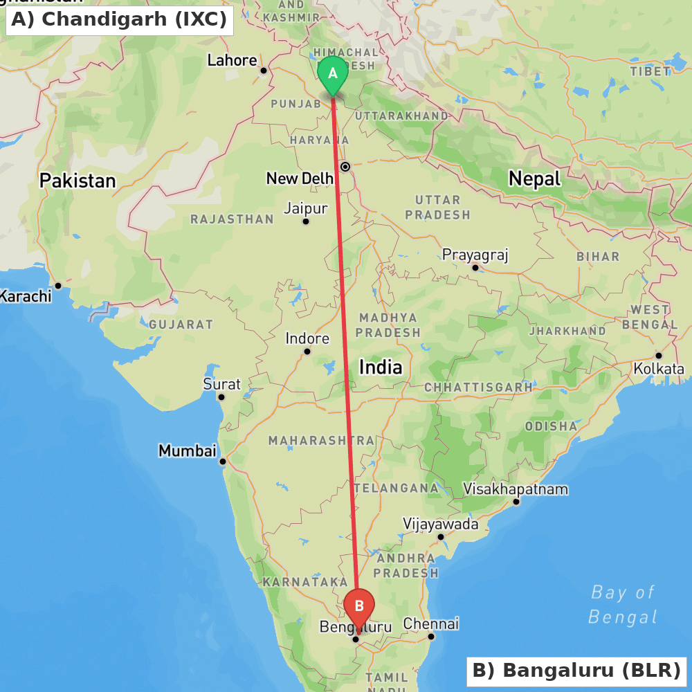 Flight route map from Chandigarh to Bangaluru