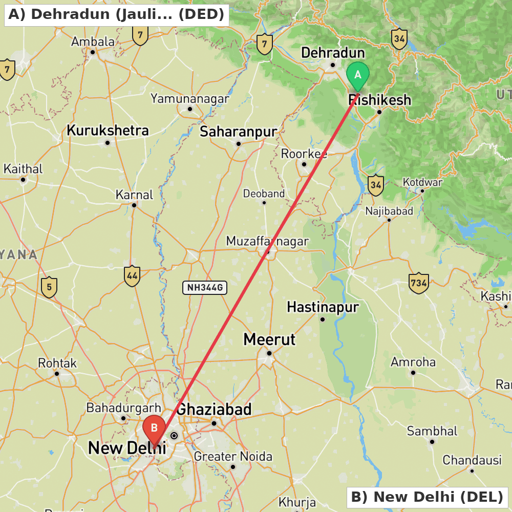 Flight route map from Dehradun (Jauligrant) to New Delhi