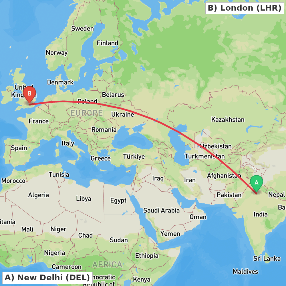 Flight route map from New Delhi to London