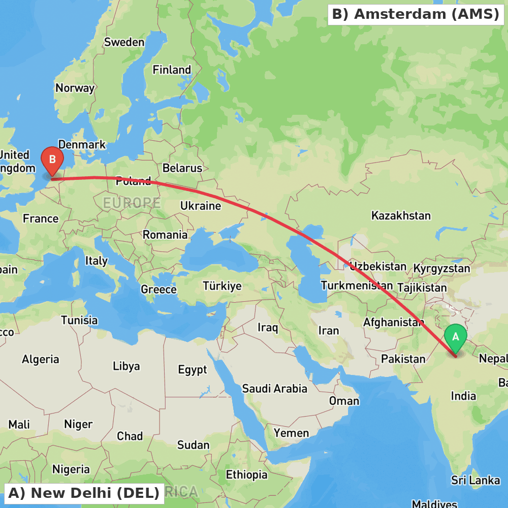 Flight route map from New Delhi to Amsterdam