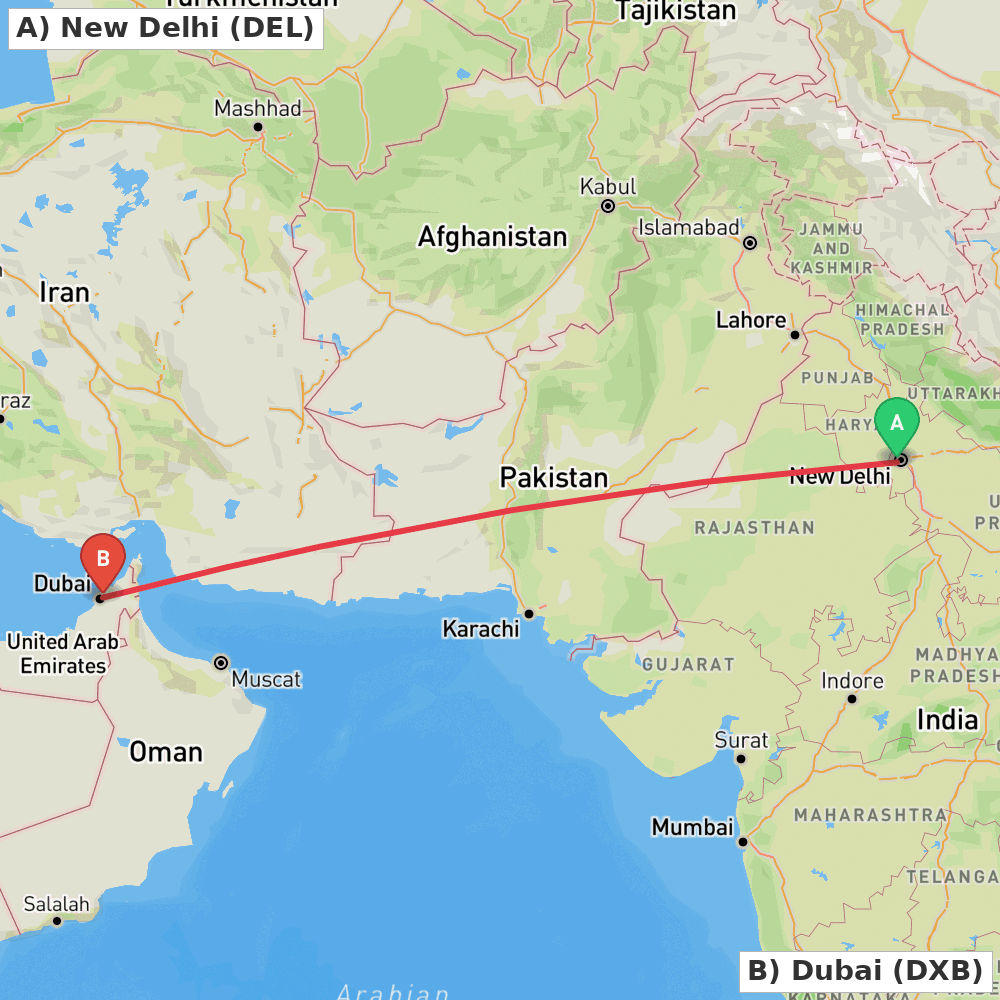 Flight route map from New Delhi to Dubai